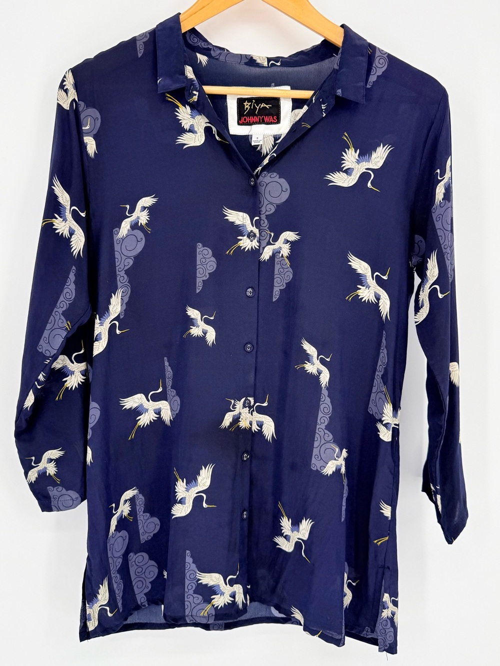 Johnny Was Biya Silk Crane Bird Blouse S Whimsigoth Boho Japandi Top Retro Artsy